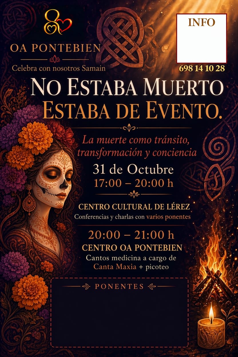 Cartel del evento: una catrina con flores de cempasúchil junto a una hoguera y una vela